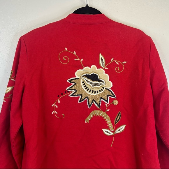 Indigo Moon M Red Floral Embroidered Jacket Floral Oriental Mandarin Buttons - Picture 14 of 15